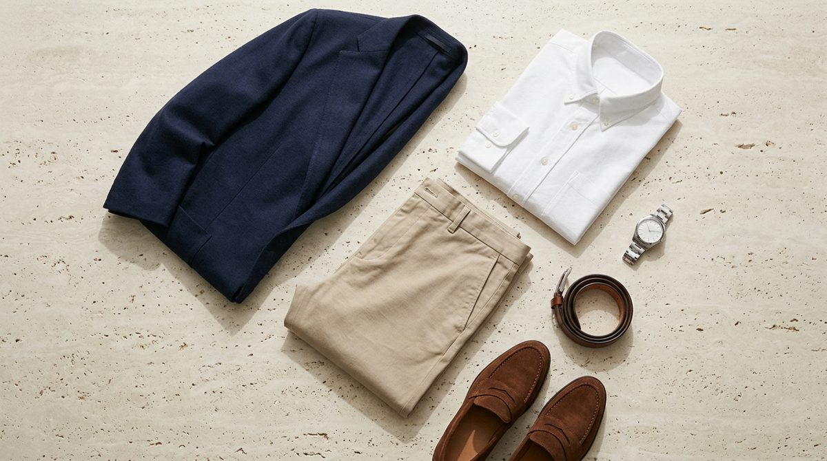 Marineblaues Sakko, weißes Hemd, Chino und Loafer auf Marmor